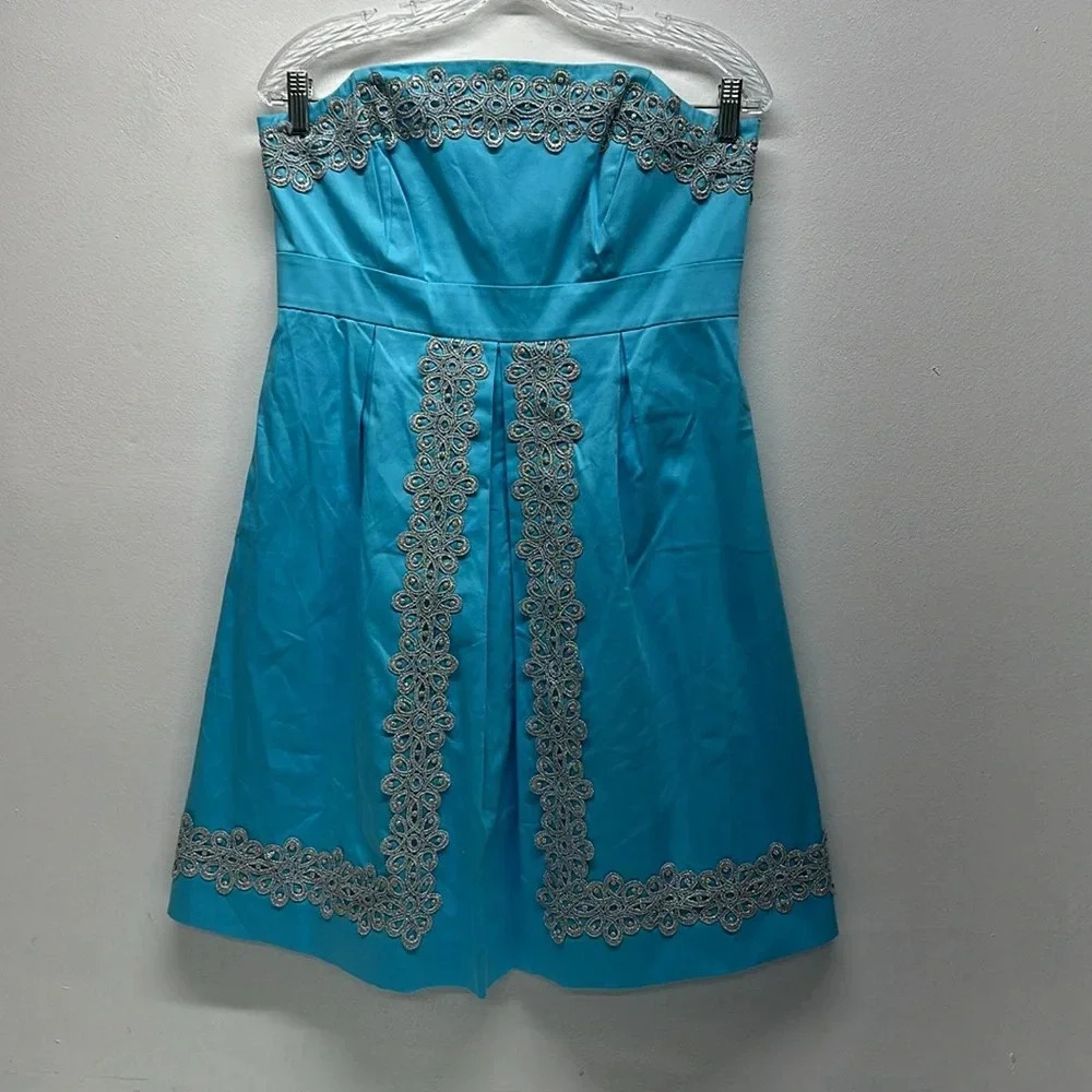 Lilly Pulitzer Betsey Dress Mini Strapless Lace Trim Short Silver Blue Size 10